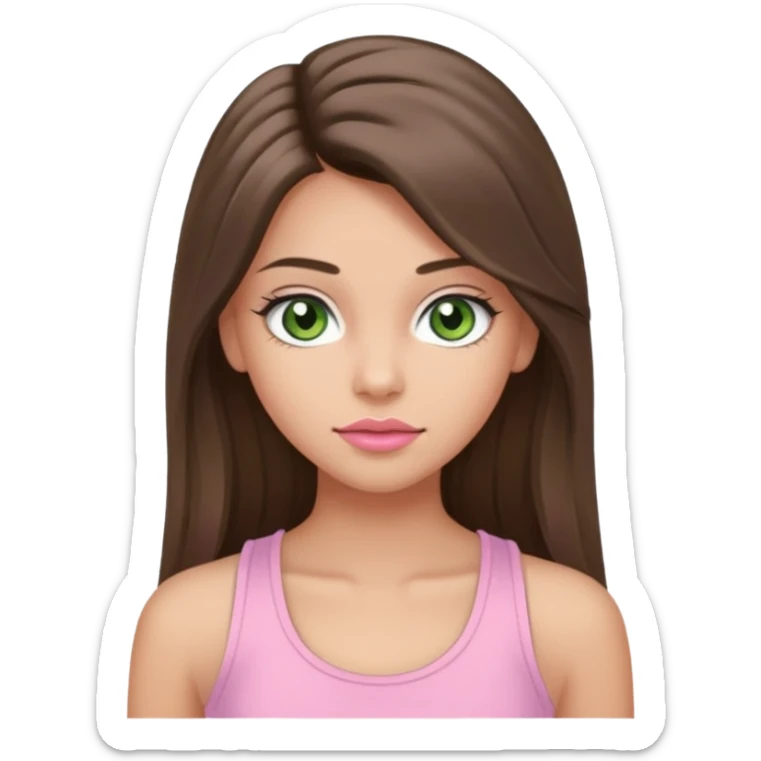 Create a teen girl wearing a light pink tank top. She will have long brunette hair, tan skin, pink lips, and grey-green eyes. She has long eyelashes. sticker