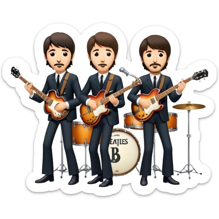 Rock music icon: The Beatles performing live on stage. John Lennon with guitar, Paul McCartney with bass, George Harrison with guitar, Ringo Starr on drums. Bright lights, energetic performance. Transparent background. sticker