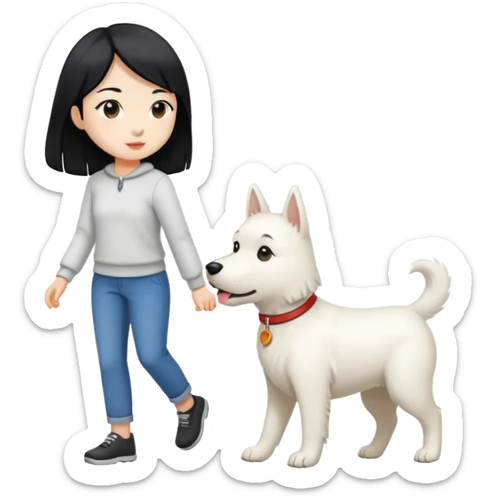 white dog walking with owner (Asian girl with straight black hair) sticker