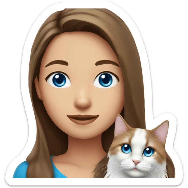 woman with long brown hair and pink shirt and holding a all white Siberian cat with blue eyes sticker