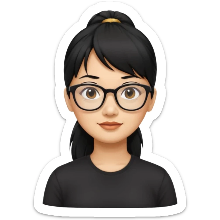 filipino woman black hair in one pony tail with straight bangs and big glasses, 50 yr old sticker