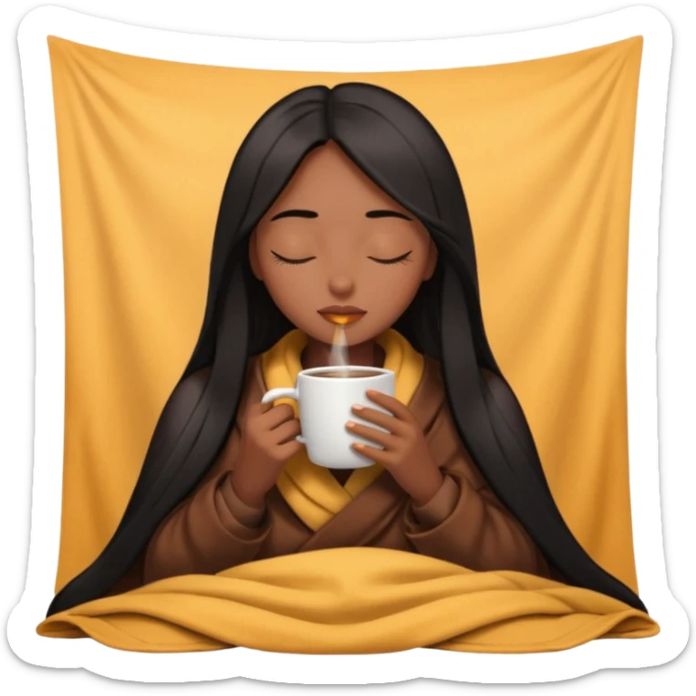 Chocolate brown girl with long straight jet black hair inside a blanket sipping coffee eyes closed sticker