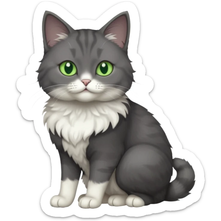full body view of beautiful female dark grey cat with green eyes, white toes and white chest sticker