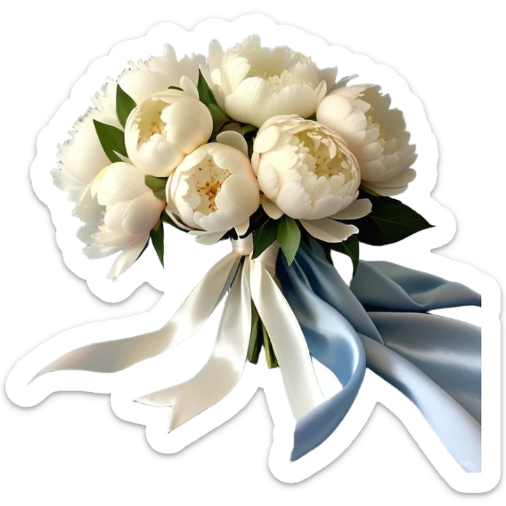 A lush bouquet of full-bloom white and pale blue peonies rests gently atop a flowing powder blue silk cloth. The petals, kissed with a subtle pearl sheen, seem to glow under the soft morning light. A delicate ivory ribbon, loosely tied in an effortless bow, drapes over the bouquet, its edges curling with natural grace. The silk background shimmers with movement, enhancing the dreamy elegance of the composition.
 sticker