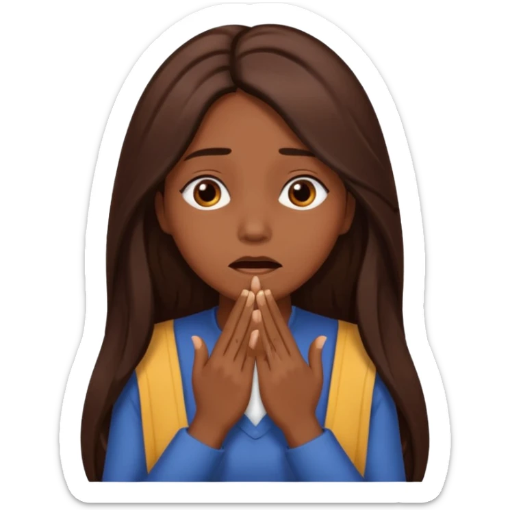 Create an emoji of an attractive chocolate brown woman with long middle part layered hair, turning her head to the side with her hands covering her mouth as if she’s hiding in embarrassment  sticker