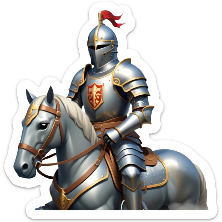 clash-of-clans-aesthetic_-cinematic-fearsome-and-majestic-knight-bust-portrait-emoji, rendered in a flat, vector-style with minimal shading and bold, simplified shapes, depicting a battle-ready medieval knight with steely eyes and intricate armor, mounted on a warhorse reflecting sunlight over a misty battlefield. sticker