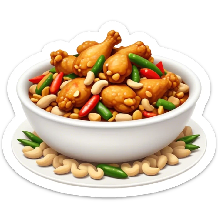 Cinematic Realistic Kung Pao Chicken Dish Emoji, showcasing spicy, stir‚Äêfried chicken with peanuts and vegetables rendered with dynamic textures and vibrant lighting. sticker