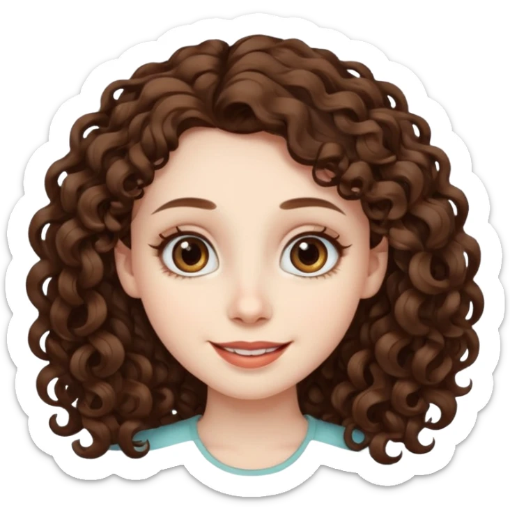 Light brown eyed female with pale skin. She has big eyes, curly and long dark brown hair and thin lips smiling. sticker