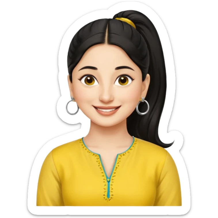 generate a pretty bratz emoji that looks like Kareena Kapoor's Geet character. 
Make her wear a yellow kurti, silver hoops, black hair in a ponytail. smiling big

She should look like Kareena Kapoor sticker