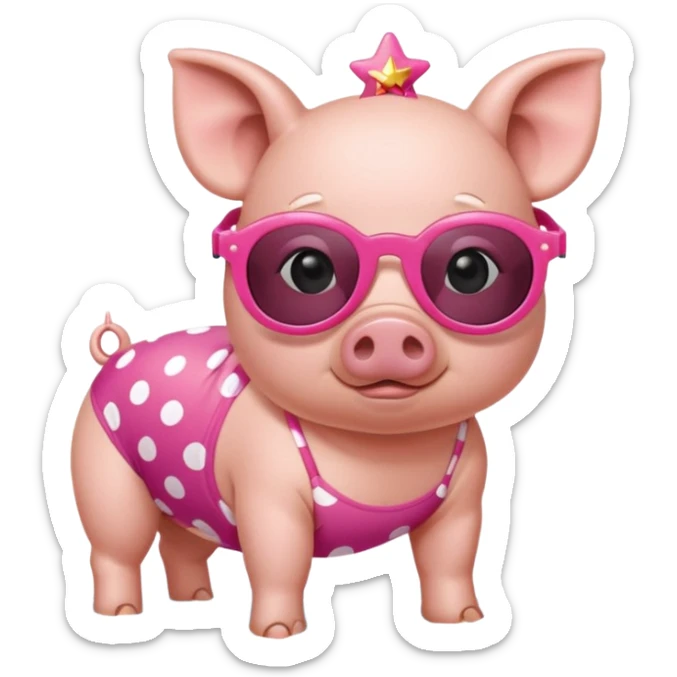 cute pig wearing  star-shaped sunglasses and polka dot bathing suit on all fours  sticker