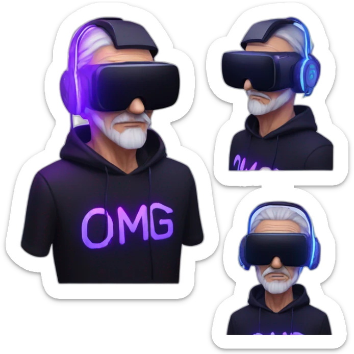 Russian old man wearing a black hoodie with "OMG" letters on it and VR headset in a cyberpunk VR environment with violet neon lighting. sticker
