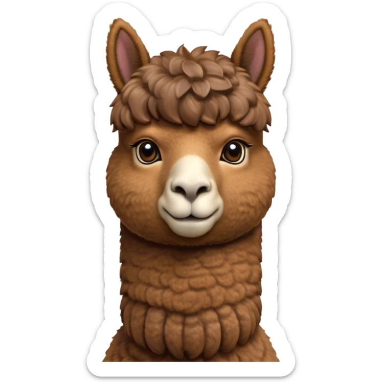 Cinematic Noble Brown Alpaca Portrait Emoji, Poised and regal, with a sturdy, graceful build and a rich, well-groomed brown fleece, deep-set soulful warm eyes, Simplified yet sharp and sophisticated features, highly detailed, glowing with a soft, dignified glow, high shine, intelligent and serene, stylized with an air of pastoral elegance, focused and attentive, soft glowing outline, capturing the essence of a watchful and confident companion, so majestic it feels as though it could stride out of the screen with effortless authority! sticker