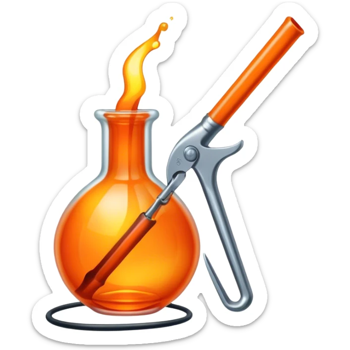 Glassworking icon, piece of glass being shaped, glassblower's pipe, molten glass, tools like glass cutters and pliers, glowing orange glass, minimalistic style, clean lines, transparent background. sticker
