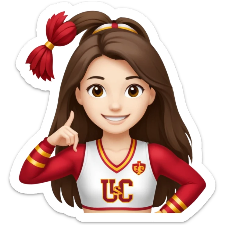skinny white happy long haired brunette girl in a white USC cheerleader outfit with the letters USC sticker
