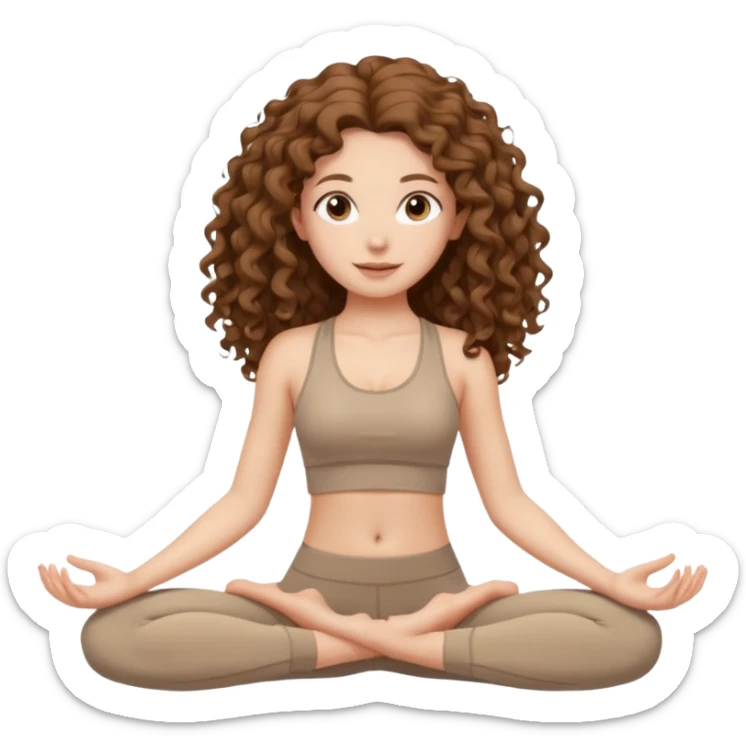 girl long brown hair curly yoga wearing beige sticker