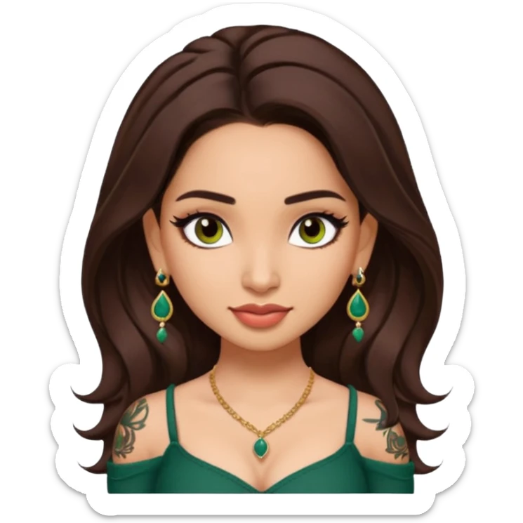 pretty bratz genmoji that looks like tamannah bhatia (bollywood actress), wearing a dark green sweetheart neckline top, dark brown hair, light makeup, no necklace, dangly earrings, side hair part, dark brown eyes, with full tattoos and neck tattoo sticker