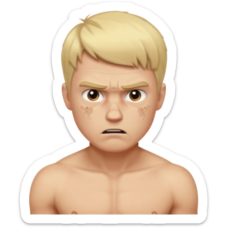 a blond guy with a short haircut, a tired and angry face, no shirt, with bruises under his eyes, and signs of beatings on his body sticker