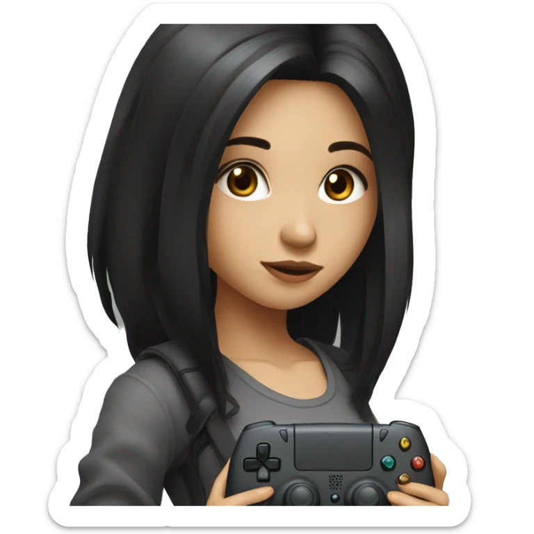 Gamer girl holding console with long sleeve top black hair black brown eyes sticker