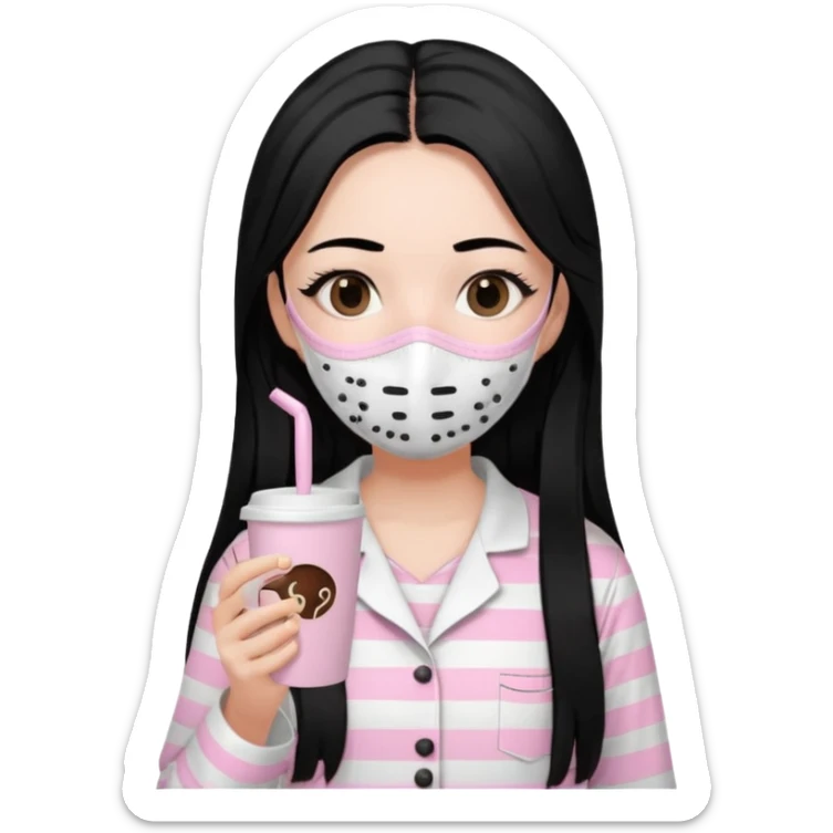 chica de pelo lacio color negro cabellera larga piyama blanca con rayas rosa claras peo no tan claras no oscuras el bordado es negro al igual que los botones )tiene una mascarilla para la carablanca y sostiene y cafe con bolitas nedras al dondo con unsorbete tranparente y es de test blanca  sticker