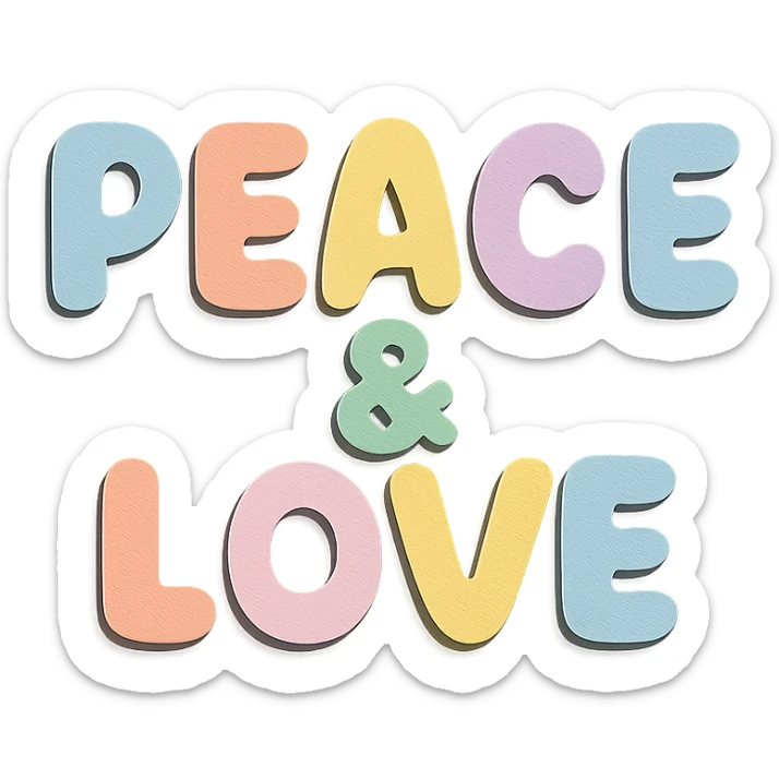 Soft pastel rainbow rounded bold letters for "Peace & Love", kawaii cute font, no border, transparent background sticker