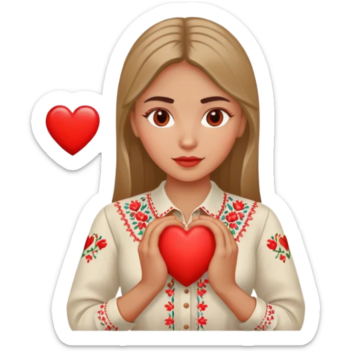A Ukrainian woman in an embroidered shirt holds a heart in her hands sticker