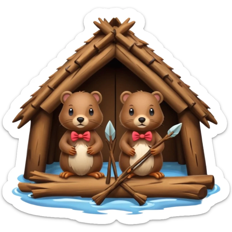 a beaver couple, one a female with a bow on her head in a beaver home made of sticks and logs sticker