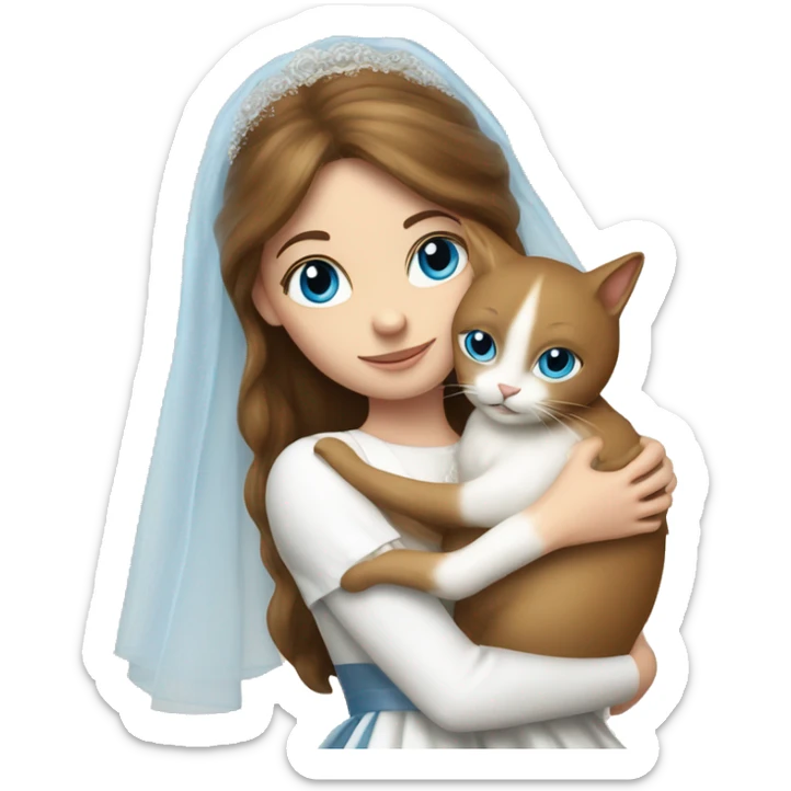A girl with brown hare and blue eyes hugging a white cat of Britain bride sticker