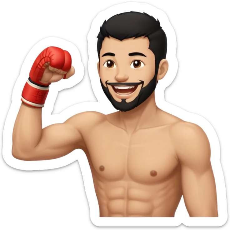 Minimal emoji of a guy, Trimmed beard, medium-length black hair, short sides, hair forward, muay thai fighter laughing. Profile Detail sticker