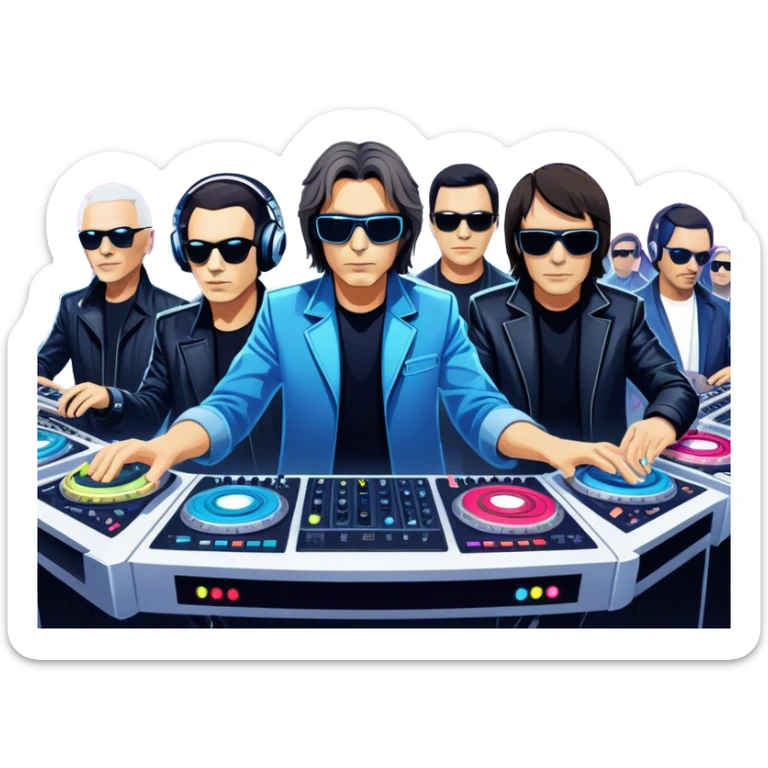 Icon for Electronic Music: Jean-Michel Jarre, Moby, DJ Tiesto, and Jorn van Deynhoven performing with synthesizers, turntables, and futuristic lighting effects. The design should evoke the vibrant and immersive atmosphere of electronic music festivals. Transparent background. sticker