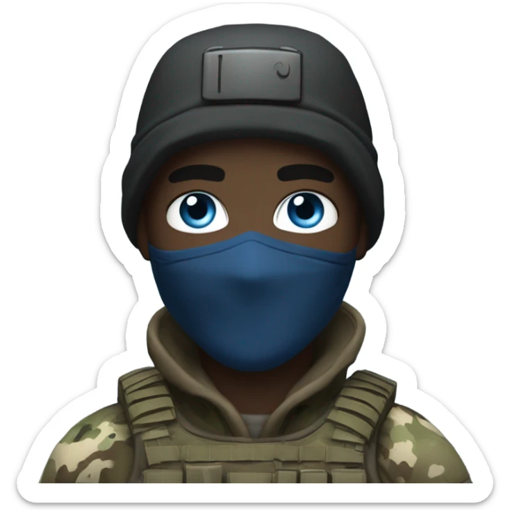 male, pale skin, call of duty black face mask, camo tactical gear, combat boots, black beanie, blue eyes sticker