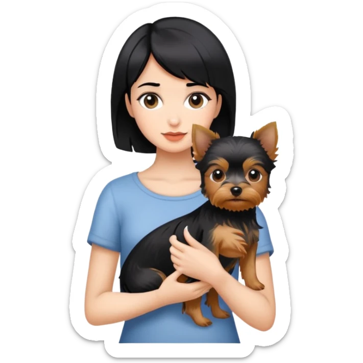 A beautiful girl with short black hair holding a Yorkshire Terrier sticker