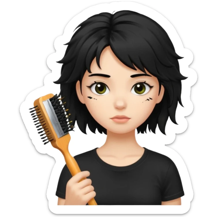 a pretty bratz fair girl with messy shaggy black hair with mascara smudged wearing a tight black tee with a hair brush stuck in hair sticker