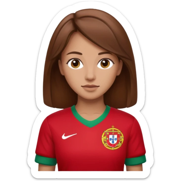 Une femme brune cheveux un peu long et qui a un maillot du portugal sticker