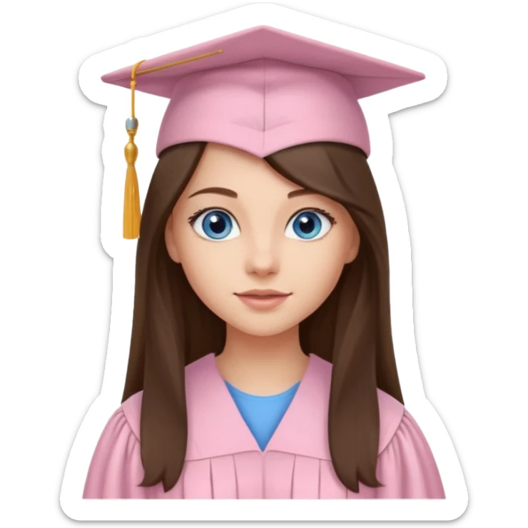 young brunette girl long hair, blue eyes and light pink gown and cap university graduate sticker