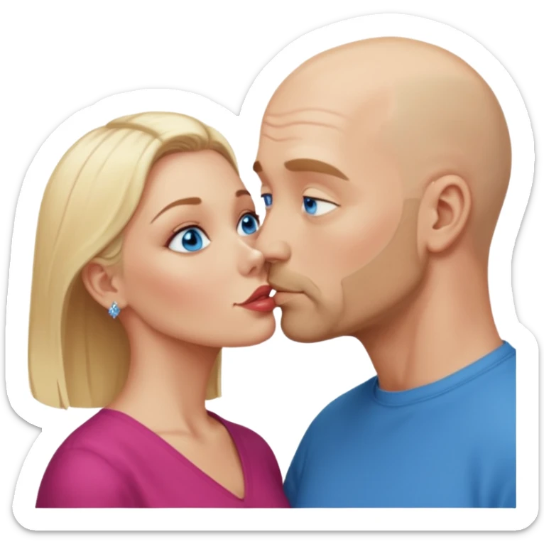 middle age bald man with salt and blonde scruff, blue eyes and blonde woman with blue eyes kissing each other sticker