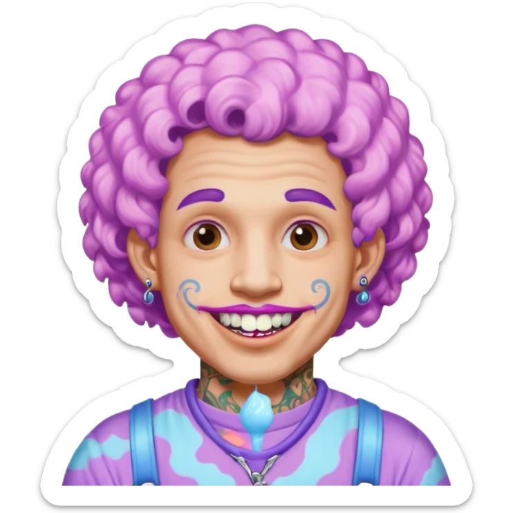 very cheerful colorful puffy violet curly haired man made out of cotton candy wearing teeth-braces and tattoos and face tattoos just face  sticker