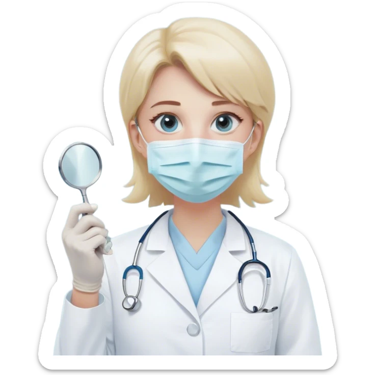 A minimalistic bust of a dentist wearing a white medical coat and a light blue surgical mask. The figure has expressive yet simplified eyes, and a small tooth icon is clearly displayed on the coat pocket. The dentist holds a minimalistic dental mirror in one hand, slightly raised, reinforcing the profession. The background features a simple white tooth icon or a subtle dental cross. The overall style is sleek, modern, and minimalistic, with clean lines and soft shading, following an emoji aesthetic. sticker
