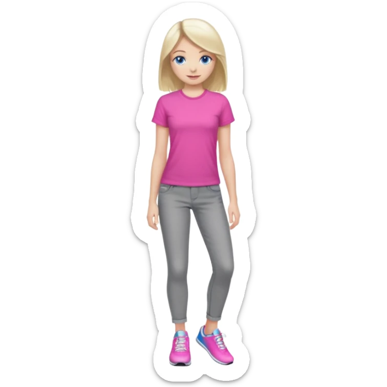 beautiful girl with fair hair, blue eyes, in a vivid pink shirt, grey jeans and white trainers sticker