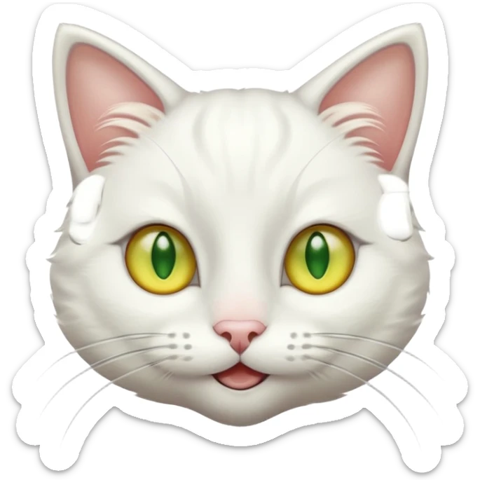 Realizar emoticonon de gato blanco con tonos gris claro solo carita sonriendo muy feliz ojos grandes de color verde con amarillos sus hijos  y bigotes largos  sticker
