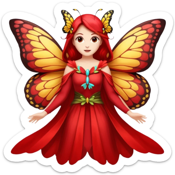 nature spirit woman dressed as butterfly herald red, wing sleeves spread sticker