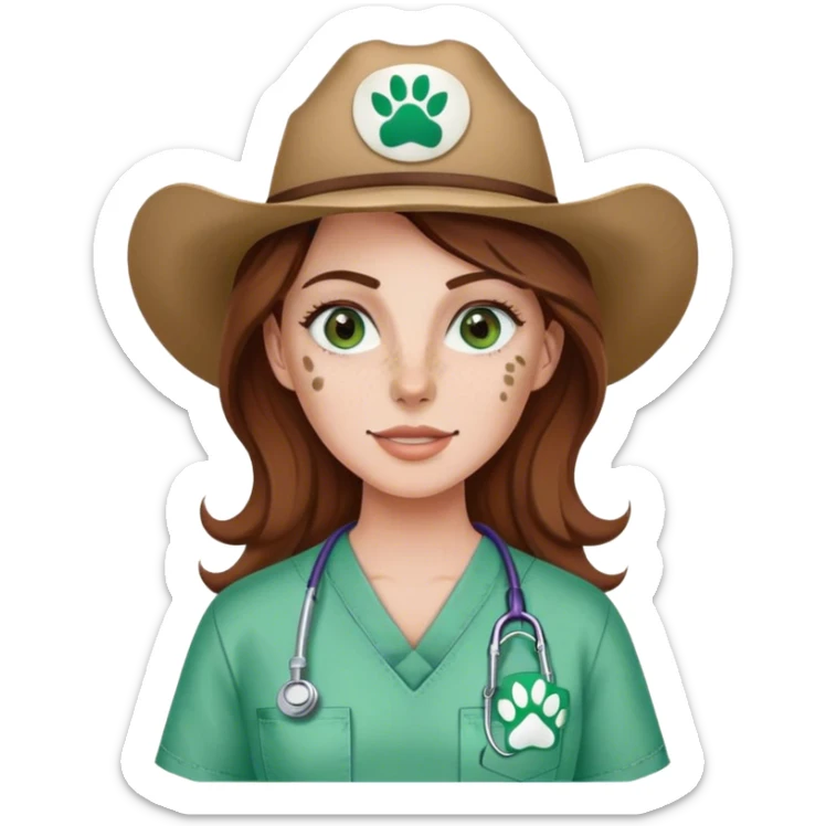 Pale Woman with brown hair and green eyes and freckles on her cheek bones wearing scrubs that have a paw print logo on only the scrubs  and a cow girl hat sticker
