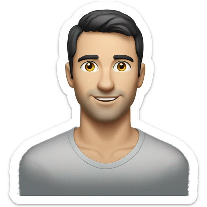 A head and shoulders shot of a 30 year old caucasian man with black short hair wearing a tshirt. sticker