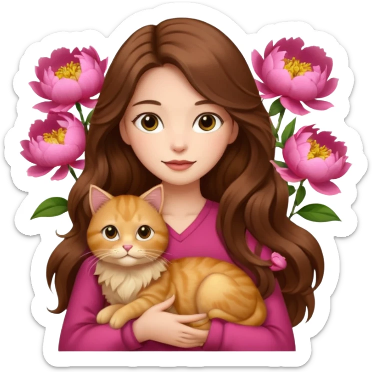 pretty woman a long hair brown color holding a cat fluffy golden in a peony sticker