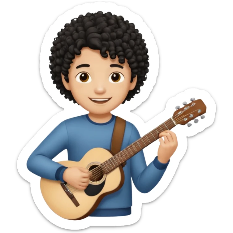 A boy with black fade curly hair Smiling and holdijg a guitar  sticker