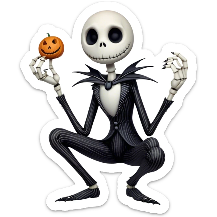 Full body view Cinematic 3D ultra realistic 32K HD image of Jack skellington squatting, stunning detail as though captured in a timeless photograph, rich textures, visually rich, so lifelike that it feels like it could leap off the page at any moment sticker