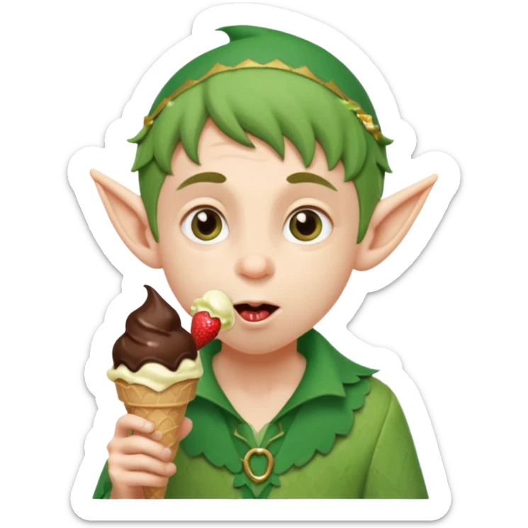 
A young elf boy in leafy clothes licking a triple-scoop ice cream with wide eyes.

 sticker