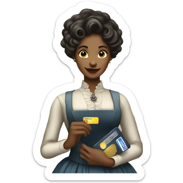 galora waitress galora in Victorian dress elegant, full body, holding big credit card sticker