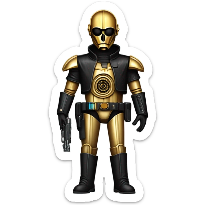 battle rough and tough bounty hunter c3Po wearing Satan’s leather outfit with guns and flat-brimmed hat on head. walking sticker
