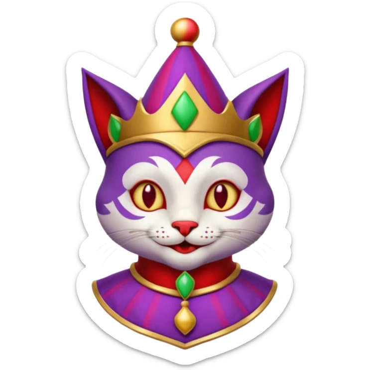 crazy colorful cute little cat jolly joker from poker, medieval, vintage, court jester, mac os icon, purple and red color, gold inserts, half body sticker
