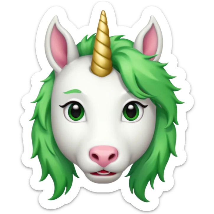 white furred unicorn with green hair and big red earrings looking into camera sticker